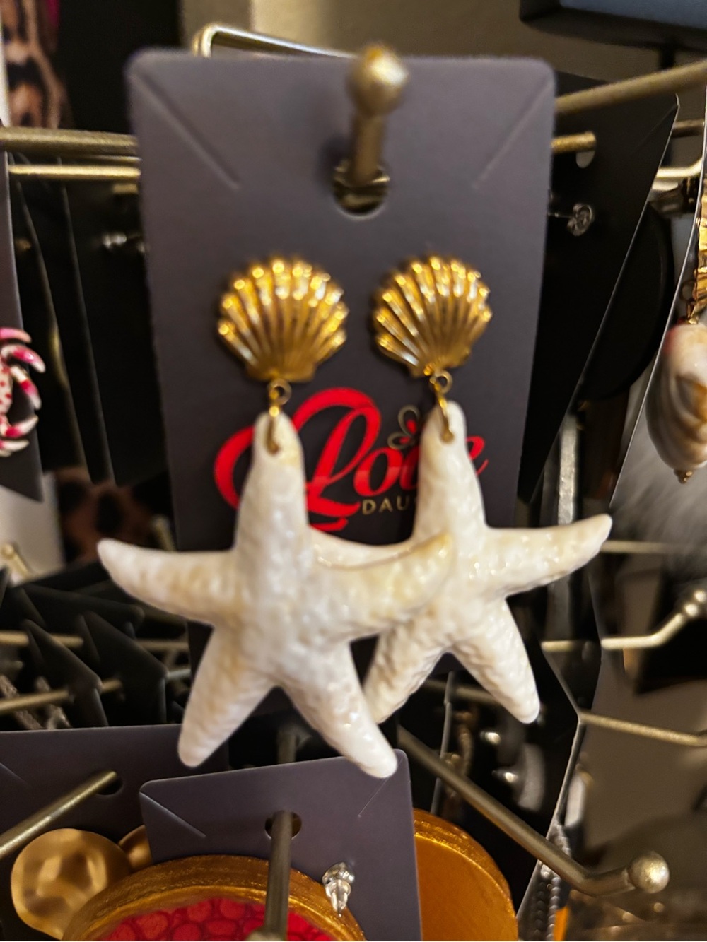 White Starfish Drop Earrings with Gold Shell Studs